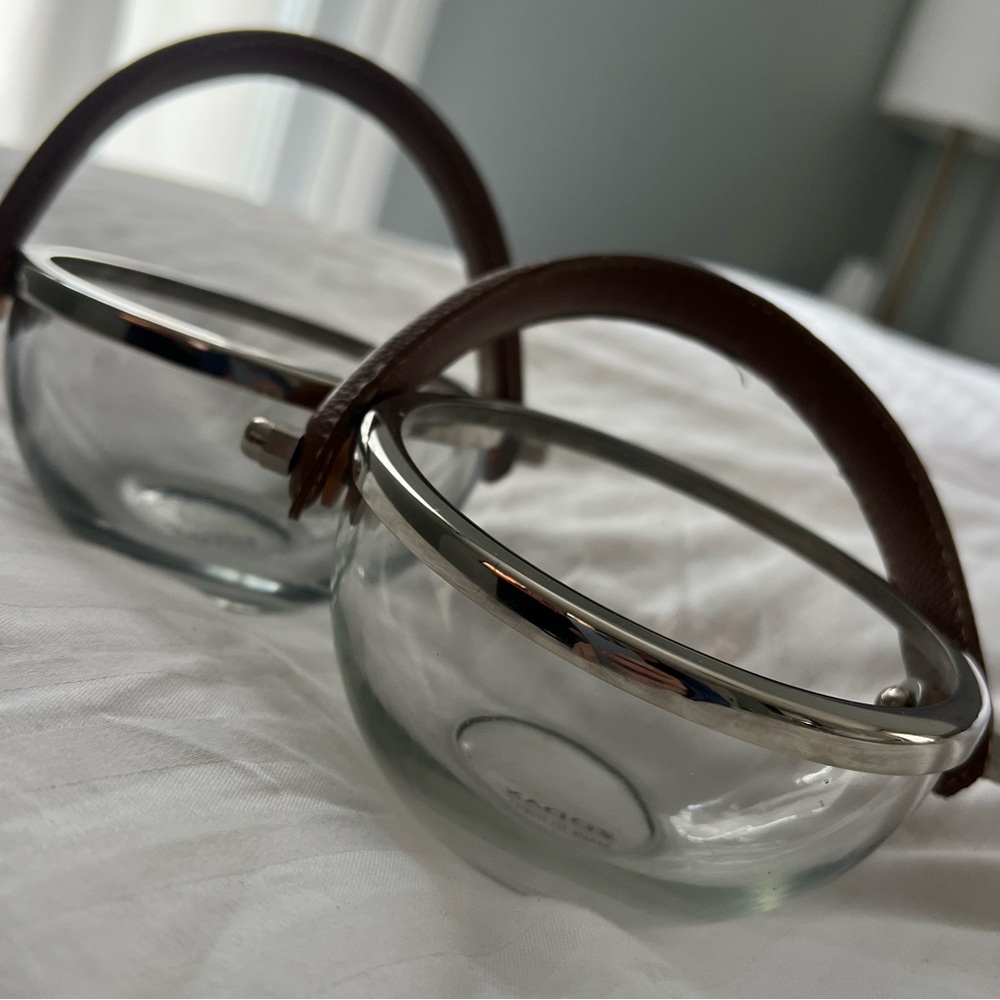 Pair of NEW zodax Leather Handled Glass bowls with silver trim. Made in India